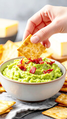 Hand dunking a cracker into a bowl of mashed avocado. AI