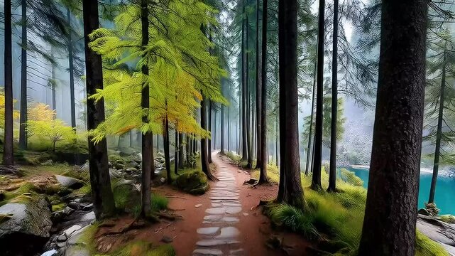 Sunlit Forest Path - Tranquil, Peaceful, Inviting - A serene forest path bathed in warm sunlight, surrounded by lush trees and greenery. The soft light filters through the leaves, casting dappled shad