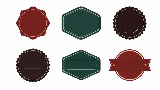 Set of Seals with rough edges and different shapes, minimalistic graphic style, isolated on white background, symbol of authenticity