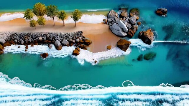 Aerial View of Beach and Ocean - Calm, Refreshing, Inviting - A bird&rsquo;s-eye view of a pristine sandy beach meeting the turquoise waves of the ocean. The gentle waves lap against the shore, leaving a fr