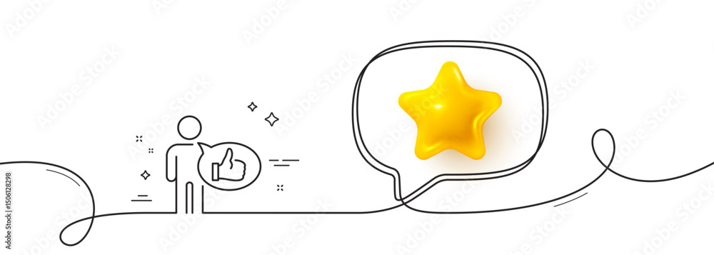 Poster like line icon. continuous line with 3d star. thumbs up sign. positive feedback, social media symbol