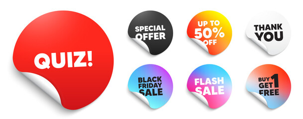Quiz red sticker tag. Special offer paper price tags. Quiz tag. Answer question sign. Examination test symbol. Discount, black friday sticker. Promo banner. Vector
