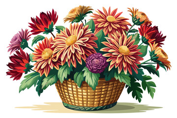 vector of Isolated chrysanthemum bouquet in wicker vase on white background