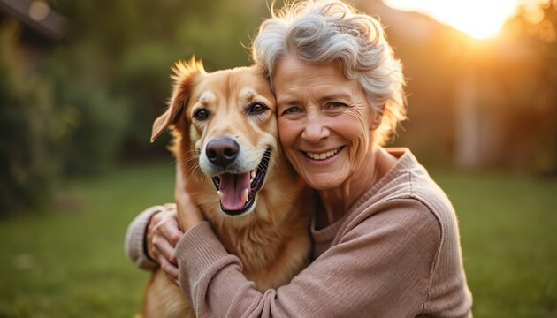 Happy mature woman hugs dog outdoors in yard. Smiling senior female pet owner enjoys sunny day with canine companion. Friendship joy love, cuddling. Elderly lady, golden retriever, true friends, life - Powered by Adobe