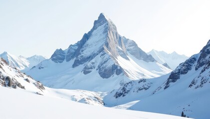 Snow covered mountain peak against bright white sky, natural, scenic view, nature