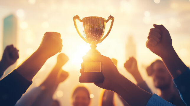 Business Team Celebrating Gold Trophy. Concept of Success and Achievement Office Team