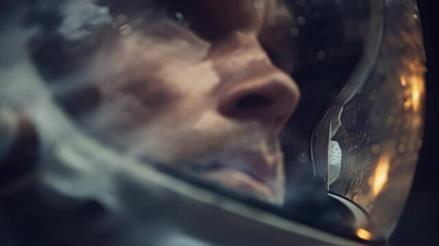 Close up view revealing focused astronaut's face inside reflective helmet, surrounded by drifting microgravity particles while gazing into expansive cosmic darkness during profound space mission