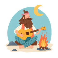 Man wearing Hawaiian shirt and flower lei necklace. Flat style clipart isolated on transparent background. Travel and vacation concept. Design for stickers, t-shirts, summer product advertisement.