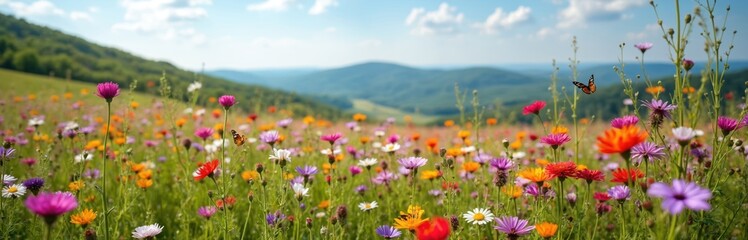 Obraz premium Scenic view wildflowers in West Virginia. Diverse blooms in a meadow. Butterflies fly over colorful flowers under blue sky. Natural beauty, spring season, eco, nature.