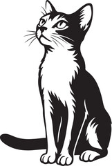 Cat looking upward black and white line drawing, Curious pet illustration clean lines