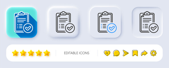 Fototapeta na wymiar Approved report line icon. Neumorphic, Flat shadow, 3d buttons. Accepted document sign. Verification symbol. Line approved report icon. Social media icons. Vector