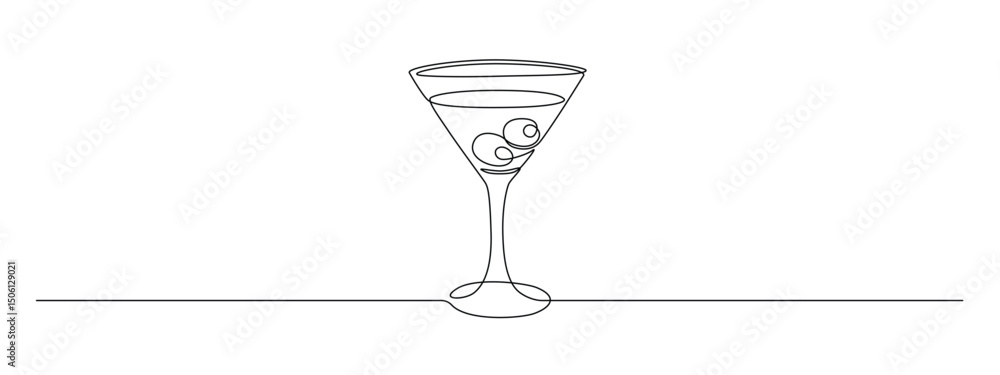 Aufkleber Glass of martini with olives in continuous one line drawing. Margarita toast and cheers in simple linear style. Alcohol and cocktail drink menu in editable stroke. Doodle monoline vector illustration