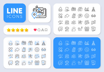 Fishing rod, Journey and Balloon dart line icons for web app. Message, Share, Like social media icons. Pack of Ice cream, Fishing float, Wedding glasses pictogram icons. Vector