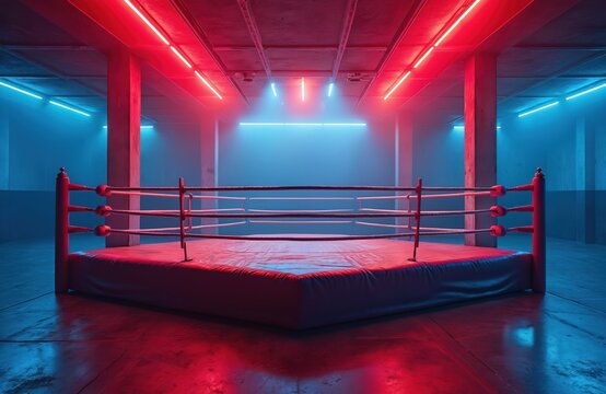 Empty boxing ring arena ready for fight night competition. Red ropes, blue, red lights create dramatic atmosphere. Indoor sports venue perfect for fight club promotion, tournament announcement, event.