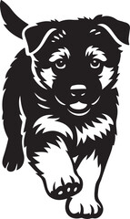 German shepherd puppy silhouette in motion, Running dog black and white drawing