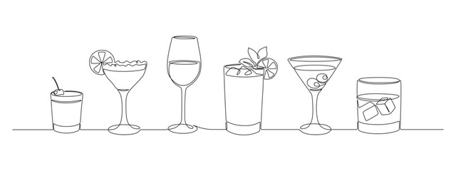 Glass of cocktails in continuous one line drawing. Margarita toast and martini cup in simple linear style. Alcohol drink menu in editable stroke. Doodle oneline vector illustration