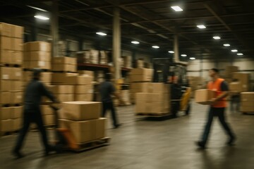 Fototapeta premium Blurred Image of Warehouse Employees Moving Shipping Boxes in a Busy Environment