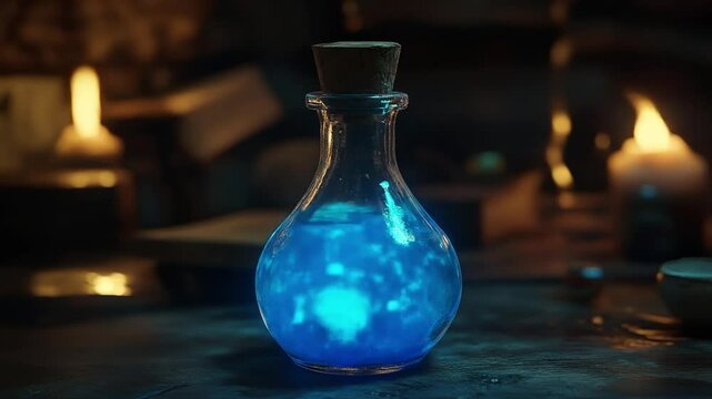 Explore a glowing potion in a mystical setting with flickering candles and ancient ambiance