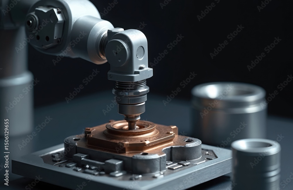 Poster robot arm manipulates metal components in industrial setting. 3d printing additive manufacturing in 