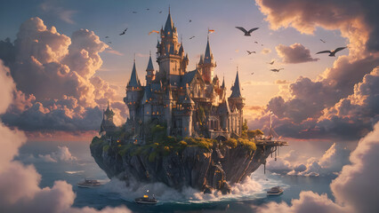 Naklejka premium A majestic floating castle above the clouds, glowing with golden light, surrounded by flying whales and magical birds, in a dreamlike sunset sky — fantasy, ultra-detailed, cinematic lighting