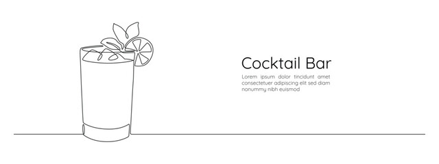Glass of cocktail in continuous one line drawing. Mojito and beverage bar in simple linear style. Alcohol drink menu in editable stroke. Doodle outline vector illustration