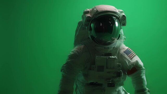 Astronaut wearing a spacesuit with an american flag patch points his finger against a vibrant green screen backdrop, ideal for visual effects and compositing