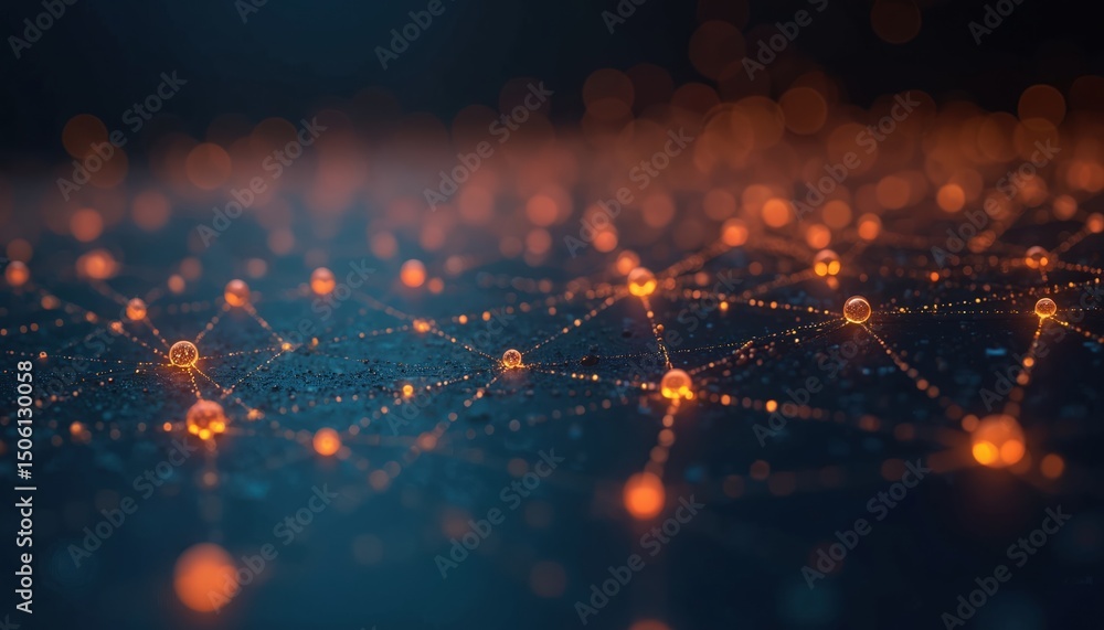 Poster abstract tech background network connections, big data concepts. glowing orange spheres, dots interc
