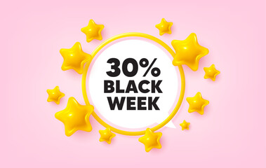 Black week frame banner. Speech bubble offer. Black week 30 percent sale. Special discount sign. Black friday offer symbol. 3d stars glitter tag. Golden frame banner. Vector