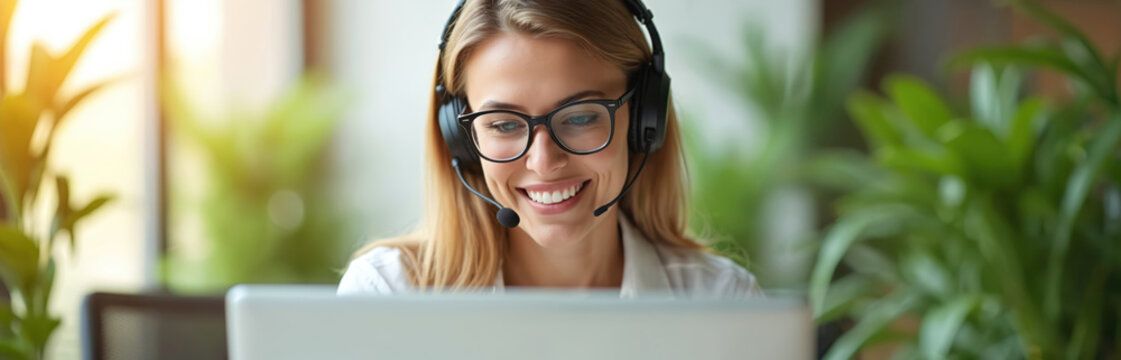 Customer service rep smiles wearing headset looks at laptop screen. Cheerful woman glasses, working in bright office, support clients. Call center, remote work, communication, client support,