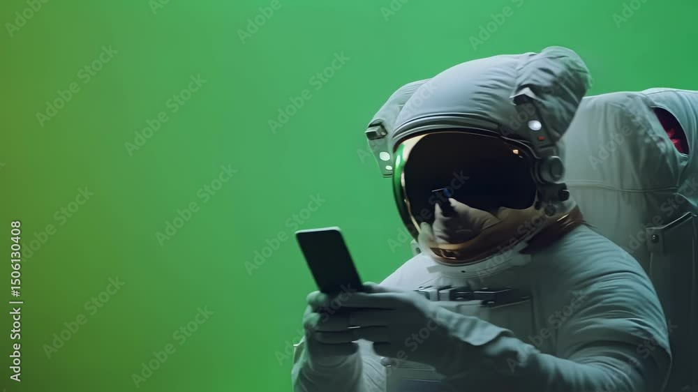 Poster astronaut wearing a spacesuit and helmet uses a smartphone against a green screen background, perfor