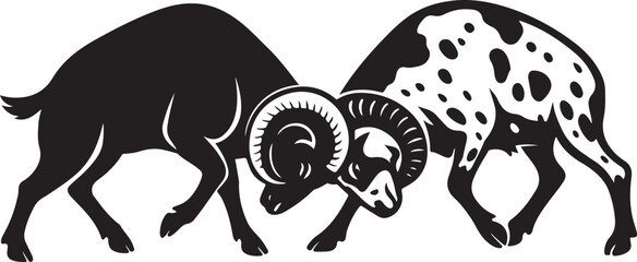 Two rams locking horns black silhouette, Aggressive sheep silhouette bold style