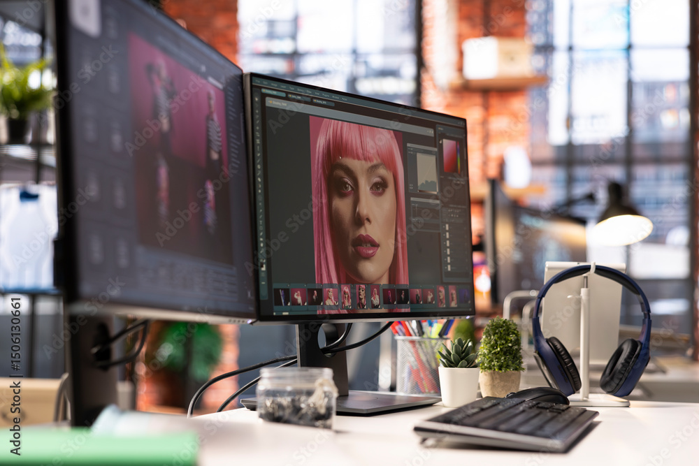 Poster modern creative office for a photo editor with ai and retouching software, showing an empty desk wit
