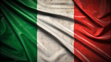 Dramatic close up of a vintage italian flag with wrinkles and texture showing green white and red colors old worn wave fold italy