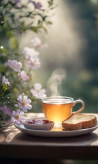 Fototapeta premium Steaming cup of tea sits on a wooden table in a garden, accompanied by toast and jam, bathed in the warm glow of morning sunlight