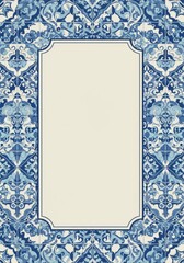 Vertical rectangular design with blue and white geometric tile border surrounding cream colored empty space perfect for text or image insertion