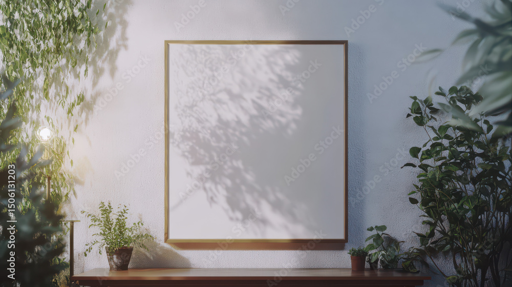 Poster a mockup of an empty frame on the wall above a console table