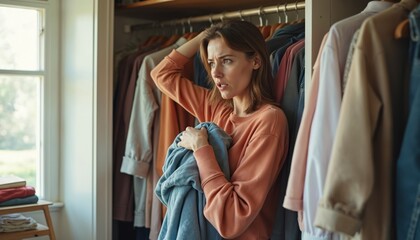 Fototapeta premium Overwhelmed woman faces disorganized closet, holding clothes with confused expression. Disarray of wardrobe items suggests daily struggle of choice. Clutter reflects stress, chaos, domestic issues,