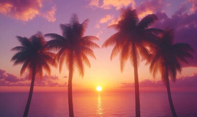 Naklejka premium Tranquil tropical scene with palm trees silhouetted against a vibrant sunset over a calm ocean, creating a serene and idyllic atmosphere