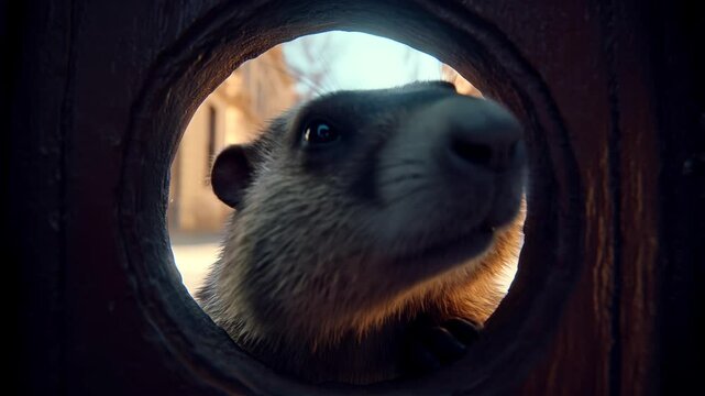 Close up of a groundhog peeking through a round hole in a burrow, sniffing. groundhog day concept