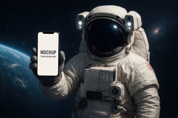 Astronaut Holding a Mobile Phone Mockup in Space