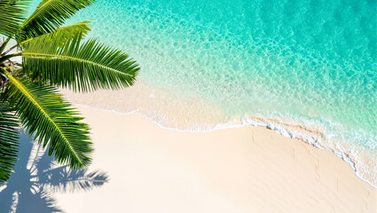 Aerial beach paradise: turquoise ocean, white sand, palm tree shadow, top down drone view. Tropical island escape, summer vacation wallpaper.
