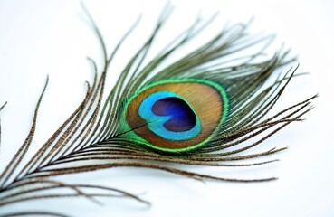 Elegant peacock feather against clean white background. Stunning detail, vibrant colors, iridescence, beauty, intricate pattern, decorative design. Perfect for artistic projects decorative designs.