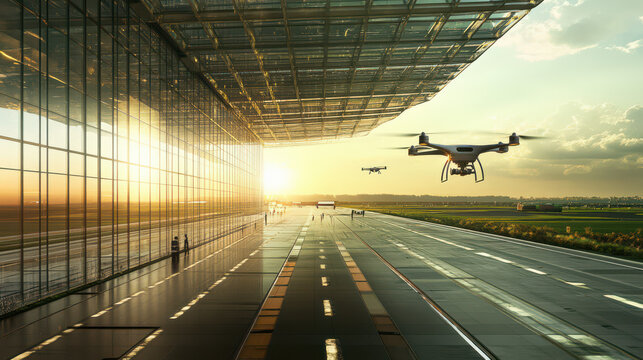 Drone's Eye View: Futuristic drones soar gracefully against the backdrop of an expansive airport runway at sunset, reflecting the convergence of innovation and transport. - Powered by Adobe