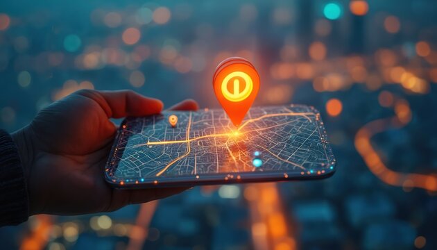 Hand holding smartphone with map and location pins. Digital AI GPS technology concept. Route planning. Logistics transport app. Modern delivery route. City navigation. Travel app. New address. - Powered by Adobe