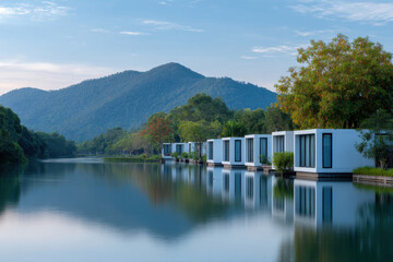 Fototapeta premium serene eco hotel composed of modern capsule houses nestled by tranquil mountain lake