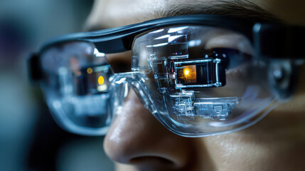Visionary Technology: A close-up shot captures the intricate details of futuristic smart glasses, reflecting digital interfaces and advanced technology.