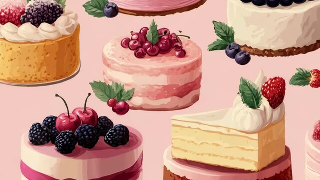 Delicate assorted cakes, pastries, and slices pattern with red cherries, blackberries, raspberries, and blueberries on pink background