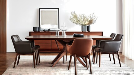 Mid-century modern dining room featuring iconic furniture pieces, sleek lines, and warm wooden tones for a stylish and functional space