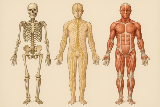 Illustration of the Systems of the Human Body, Skeleton, Nervous, and Muscular System