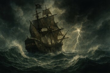 Obraz premium Dramatic Art Illustration of a Large Ancient Pirate Ship Sailing on a Stormy Sea